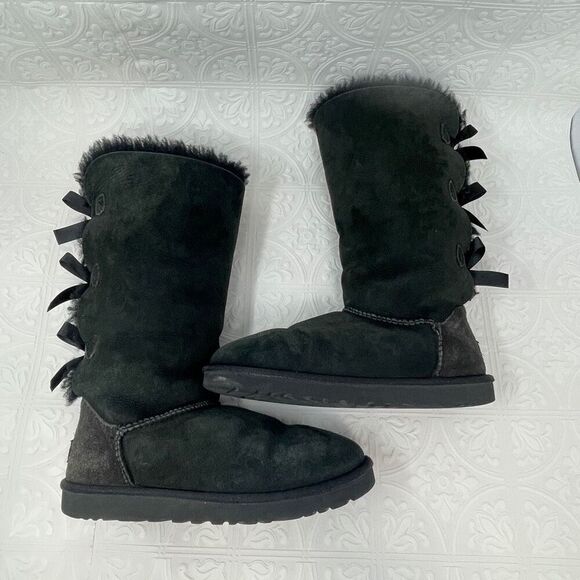 UGG Black Bailey Bow II 2 Suede Lace Up Slip On Knee High Tall Boots Size 7 - Picture 3 of 6